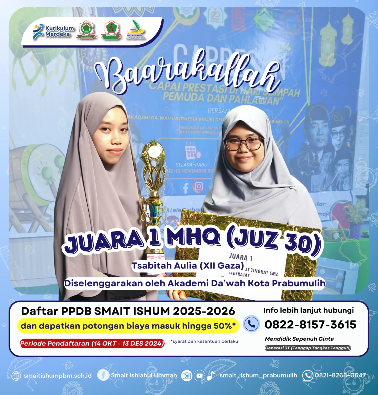 Prestasi Siswa: Juara 1 MHQ (Juz 30) (Juara 1 Tingkat Kota)